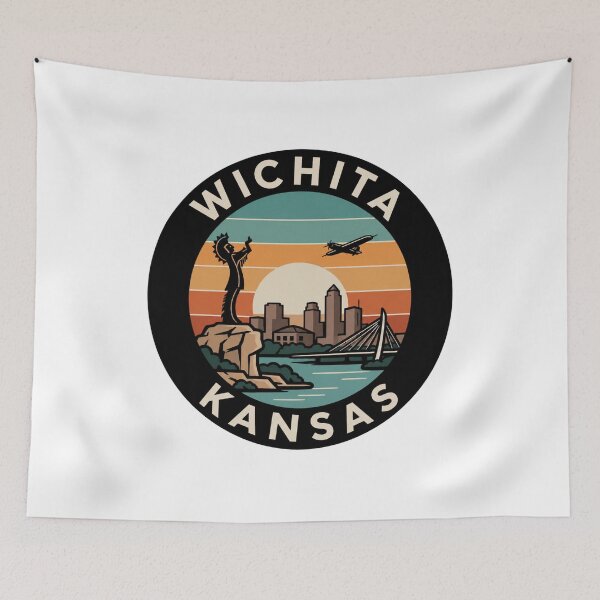 Item preview, Wichita Kansas: Keeper of the Plains, River Bridge & Retro Sunset Badge designed and sold by CircinusStore.