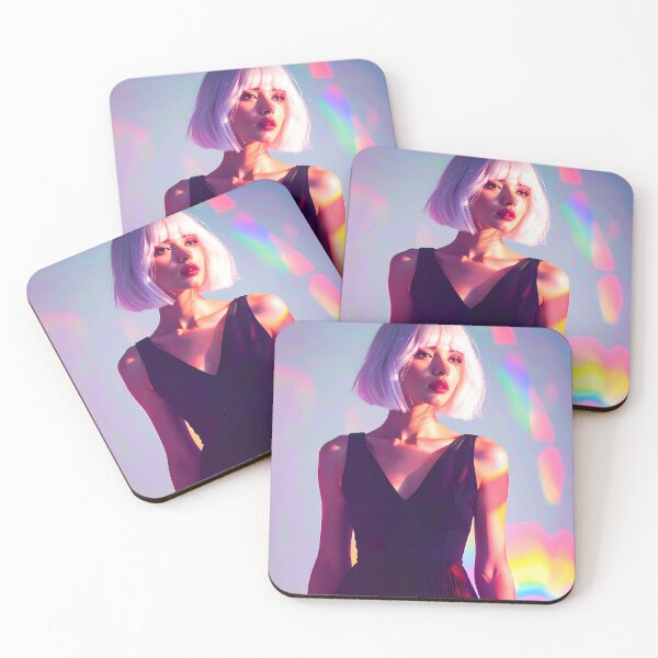Item preview, Ethereal White-Haired Muse in Black Dress with Vibrant Rainbow Light Effects designed and sold by ToxicInkArt.