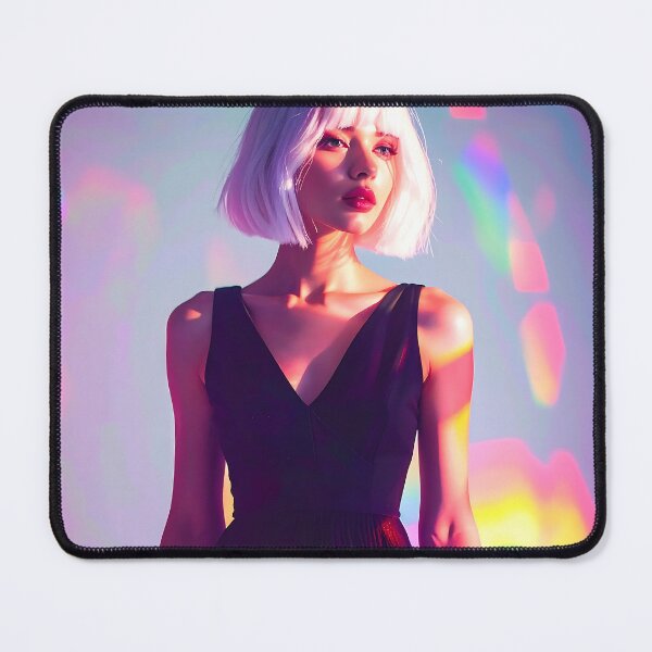 Item preview, Ethereal White-Haired Muse in Black Dress with Vibrant Rainbow Light Effects designed and sold by ToxicInkArt.