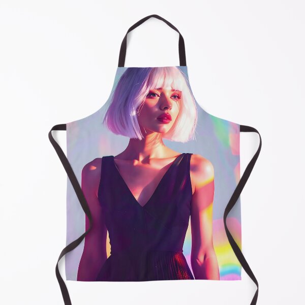 Item preview, Ethereal White-Haired Muse in Black Dress with Vibrant Rainbow Light Effects designed and sold by ToxicInkArt.