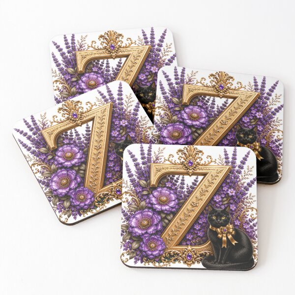 Item preview, Floral Letter Z with Black Cat | Lavender Botanical Monogram | Elegant Gold Initial Design designed and sold by MoodLay.