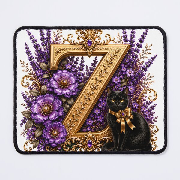 Item preview, Floral Letter Z with Black Cat | Lavender Botanical Monogram | Elegant Gold Initial Design designed and sold by MoodLay.