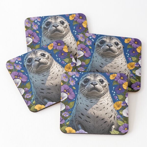 Item preview, Cartoon Of A Harbor Seal Surrounded By Viola sororia Flowers designed and sold by taiche.