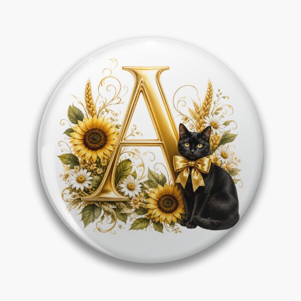 Item preview, Elegant Letter A Monogram with Black Cat, Sunflowers & Gold Floral Design | Personalized Botanical Alphabet designed and sold by MoodLay.