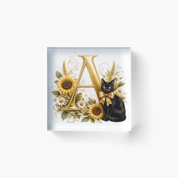 Item preview, Elegant Letter A Monogram with Black Cat, Sunflowers & Gold Floral Design | Personalized Botanical Alphabet designed and sold by MoodLay.