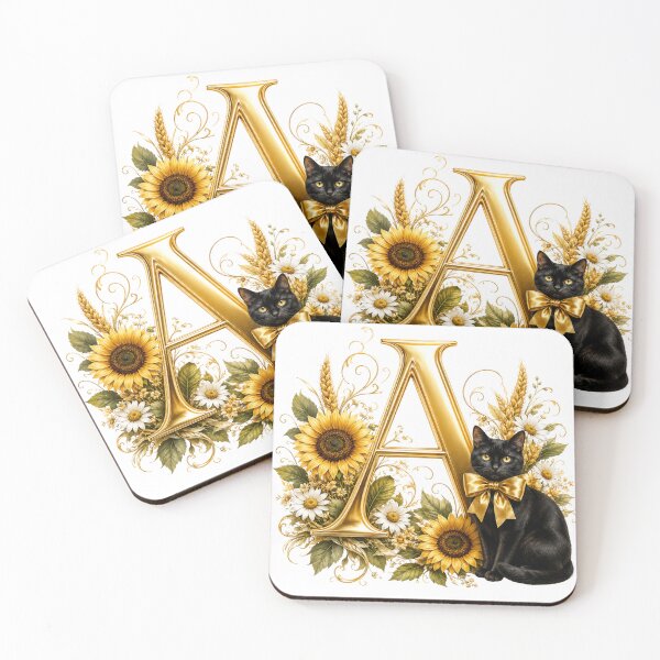 Item preview, Elegant Letter A Monogram with Black Cat, Sunflowers & Gold Floral Design | Personalized Botanical Alphabet designed and sold by MoodLay.