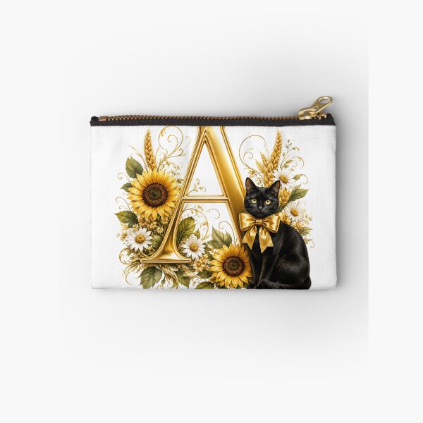 Item preview, Elegant Letter A Monogram with Black Cat, Sunflowers & Gold Floral Design | Personalized Botanical Alphabet designed and sold by MoodLay.