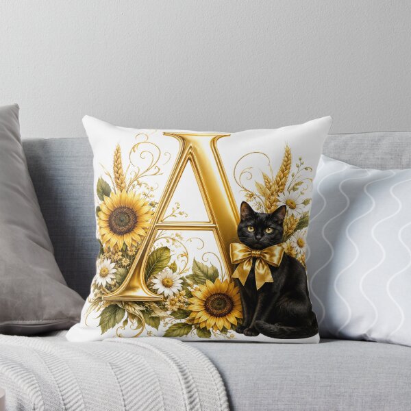 Item preview, Elegant Letter A Monogram with Black Cat, Sunflowers & Gold Floral Design | Personalized Botanical Alphabet designed and sold by MoodLay.