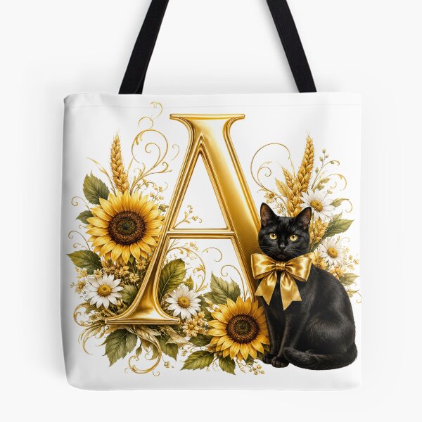 Item preview, Elegant Letter A Monogram with Black Cat, Sunflowers & Gold Floral Design | Personalized Botanical Alphabet designed and sold by MoodLay.