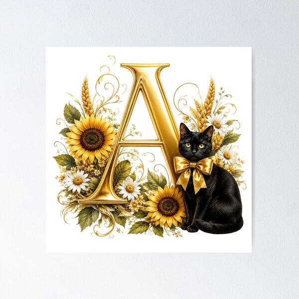 Item preview, Elegant Letter A Monogram with Black Cat, Sunflowers & Gold Floral Design | Personalized Botanical Alphabet designed and sold by MoodLay.