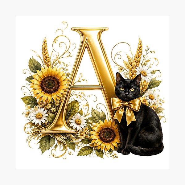 Item preview, Elegant Letter A Monogram with Black Cat, Sunflowers & Gold Floral Design | Personalized Botanical Alphabet designed and sold by MoodLay.