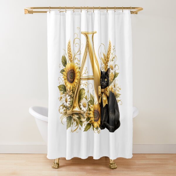 Item preview, Elegant Letter A Monogram with Black Cat, Sunflowers & Gold Floral Design | Personalized Botanical Alphabet designed and sold by MoodLay.