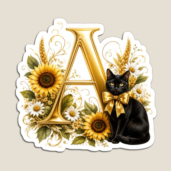 Item preview, Elegant Letter A Monogram with Black Cat, Sunflowers & Gold Floral Design | Personalized Botanical Alphabet designed and sold by MoodLay.