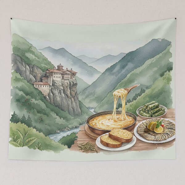 Item preview, Black Sea Flavors & Sumela Monastery Watercolor Art | Karadeniz Cuisine Illustration designed and sold by Y-MOONSTAR.