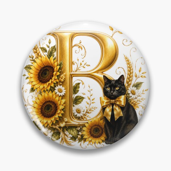 Item preview, Elegant Letter B Monogram with Black Cat, Sunflowers & Gold Floral Design | Personalized Botanical Alphabet designed and sold by MoodLay.