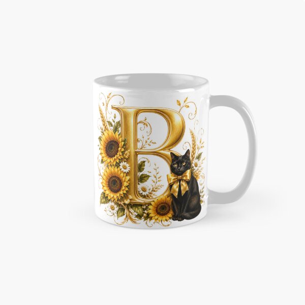 Item preview, Elegant Letter B Monogram with Black Cat, Sunflowers & Gold Floral Design | Personalized Botanical Alphabet designed and sold by MoodLay.