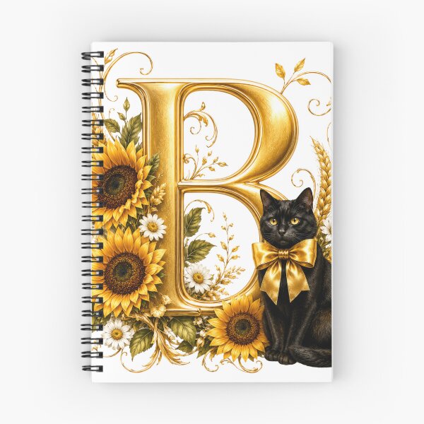 Item preview, Elegant Letter B Monogram with Black Cat, Sunflowers & Gold Floral Design | Personalized Botanical Alphabet designed and sold by MoodLay.