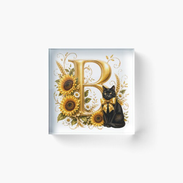 Item preview, Elegant Letter B Monogram with Black Cat, Sunflowers & Gold Floral Design | Personalized Botanical Alphabet designed and sold by MoodLay.