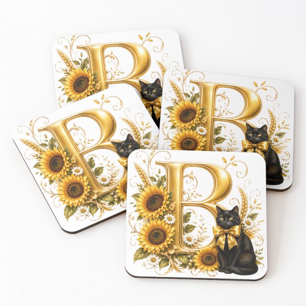 Item preview, Elegant Letter B Monogram with Black Cat, Sunflowers & Gold Floral Design | Personalized Botanical Alphabet designed and sold by MoodLay.