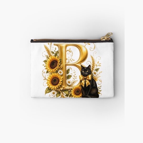 Item preview, Elegant Letter B Monogram with Black Cat, Sunflowers & Gold Floral Design | Personalized Botanical Alphabet designed and sold by MoodLay.