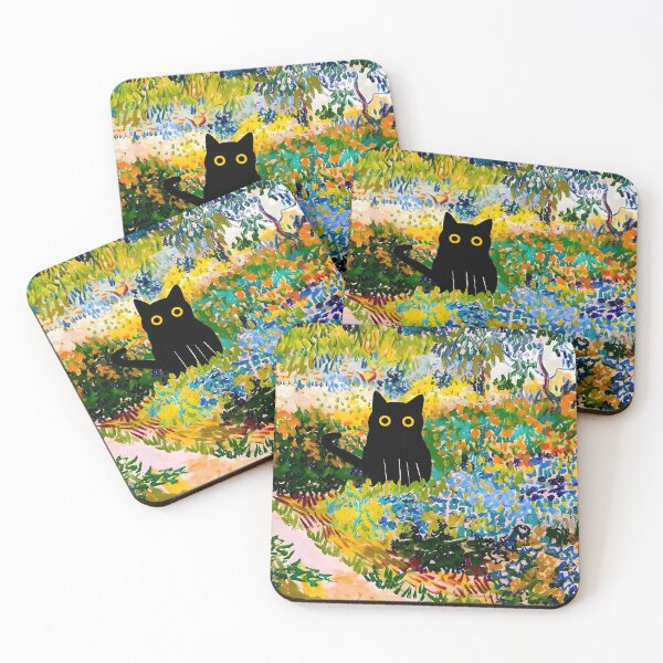 Item preview, Black cat in Vangogh gardens designed and sold by PurrfectHome.
