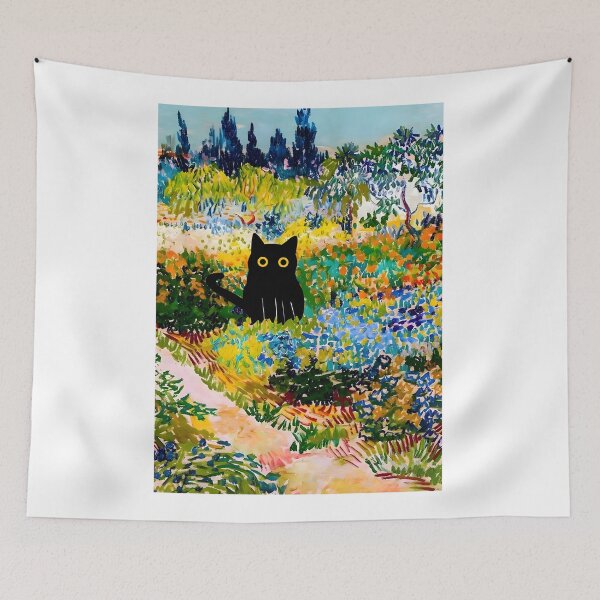 Item preview, Black cat in Vangogh gardens designed and sold by PurrfectHome.