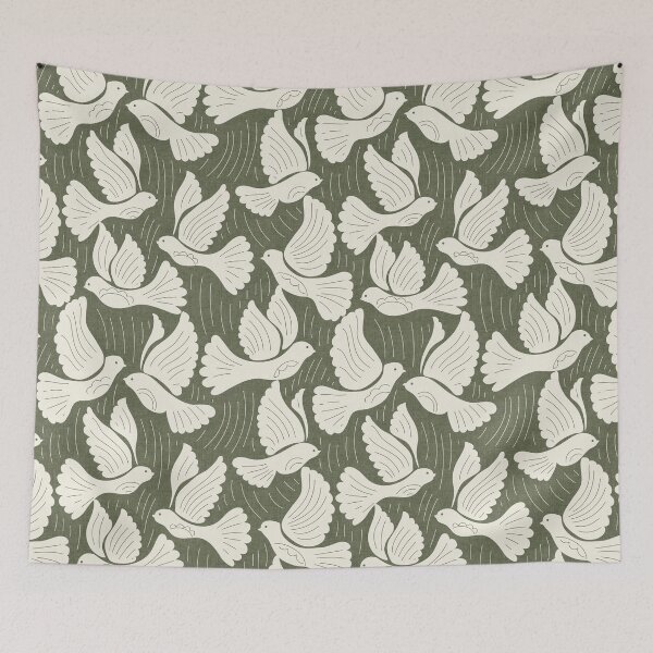 Item preview, Scandinavian Folk Birds Block Print Woodland Cottage Decor Olive Green designed and sold by RenattaZare.