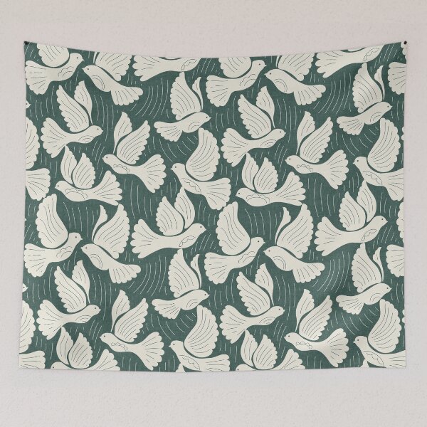Item preview, Scandinavian Folk Birds Block Print Woodland Cottage Decor Teal designed and sold by RenattaZare.