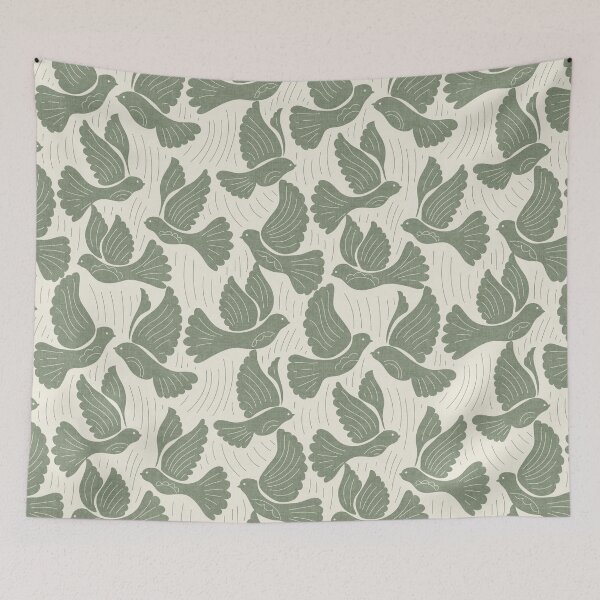 Item preview, Scandinavian Folk Birds Block Print Woodland Cottage Decor Sage Green designed and sold by RenattaZare.