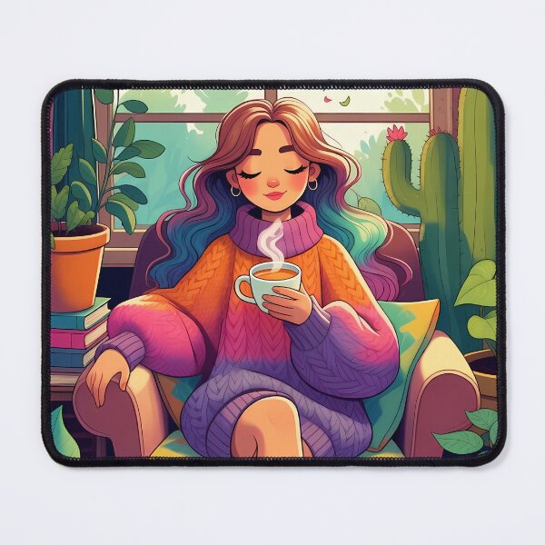 Item preview, Cozy Girl with Coffee in Plant-Filled Room designed and sold by HappyOops.