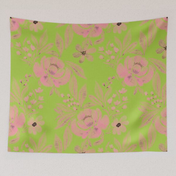 Item preview, Watercolor Pink Poppies on Chartreuse Floral Pattern  designed and sold by AneissPiaf.