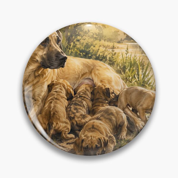 Item preview, Black Mouth Cur Mother and Puppies Watercolor Landscape Painting designed and sold by RebelPawz.