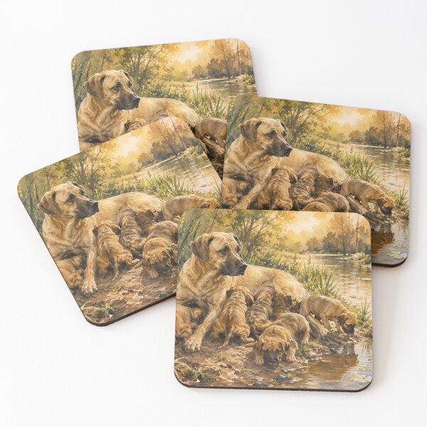 Item preview, Black Mouth Cur Mother and Puppies Watercolor Landscape Painting designed and sold by RebelPawz.