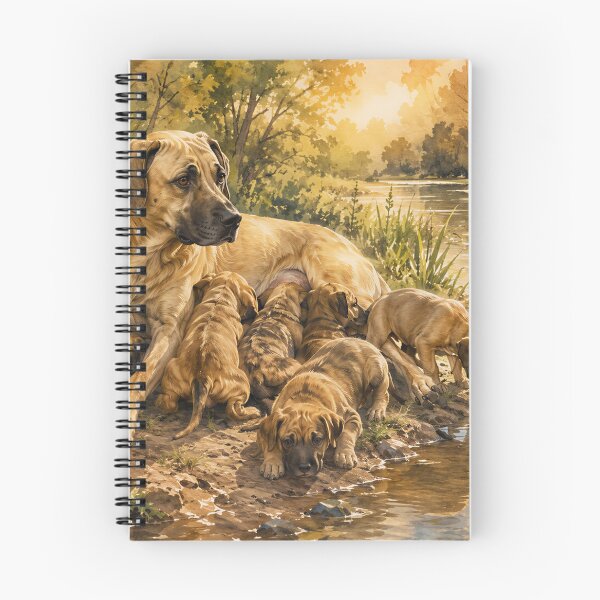 Item preview, Black Mouth Cur Mother and Puppies Watercolor Landscape Painting designed and sold by RebelPawz.
