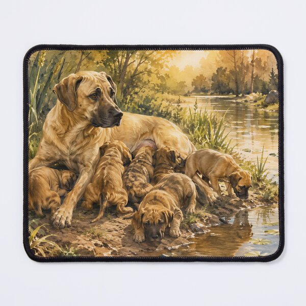 Item preview, Black Mouth Cur Mother and Puppies Watercolor Landscape Painting designed and sold by RebelPawz.