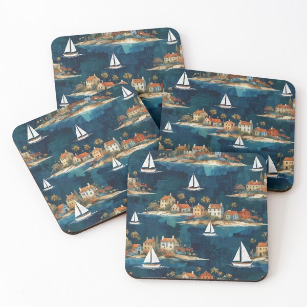 Item preview, Sailboats Around Coastal Island Villages — Patterned Watercolor Illustration of Seaside Cottages and Palm Trees designed and sold by LisaMise.