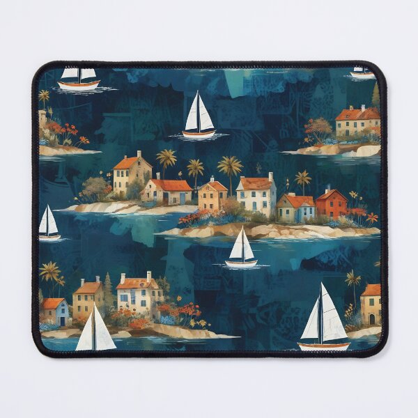Item preview, Sailboats Around Coastal Island Villages — Patterned Watercolor Illustration of Seaside Cottages and Palm Trees designed and sold by LisaMise.
