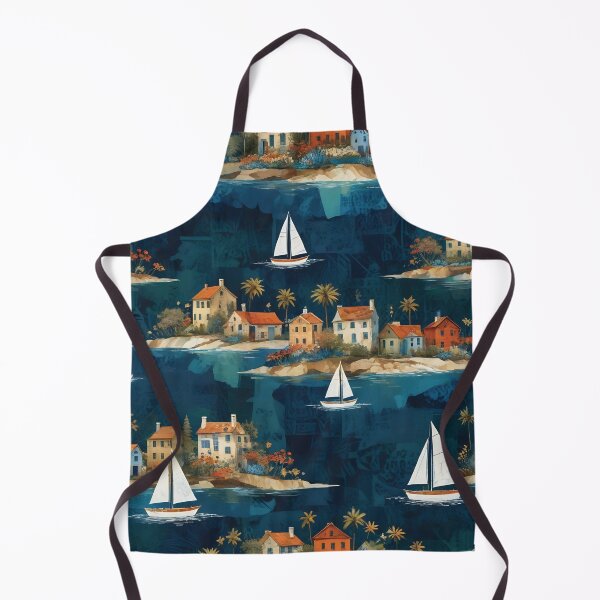 Item preview, Sailboats Around Coastal Island Villages — Patterned Watercolor Illustration of Seaside Cottages and Palm Trees designed and sold by LisaMise.
