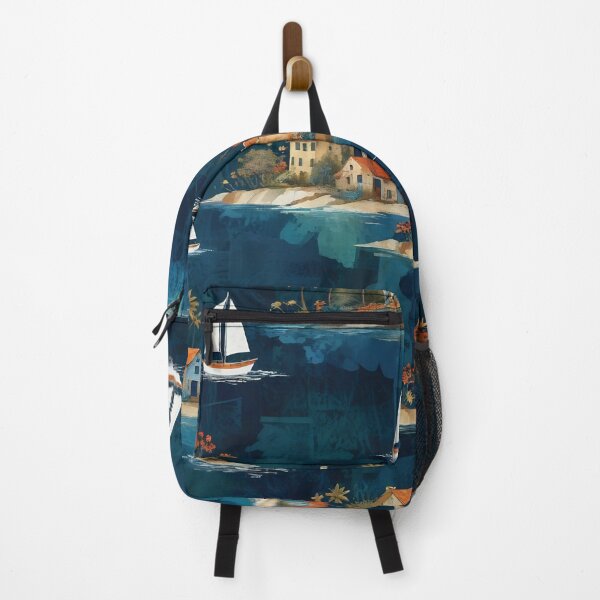 Item preview, Sailboats Around Coastal Island Villages — Patterned Watercolor Illustration of Seaside Cottages and Palm Trees designed and sold by LisaMise.