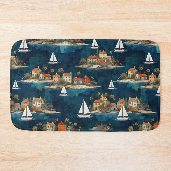 Item preview, Sailboats Around Coastal Island Villages — Patterned Watercolor Illustration of Seaside Cottages and Palm Trees designed and sold by LisaMise.