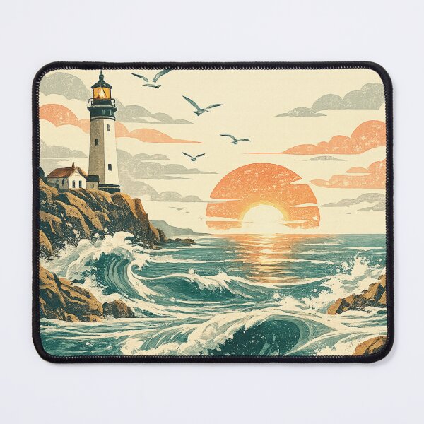 Item preview, Vintage Lighthouse Ocean Sunset Retro Coastal Landscape Illustration designed and sold by irfanshikh.