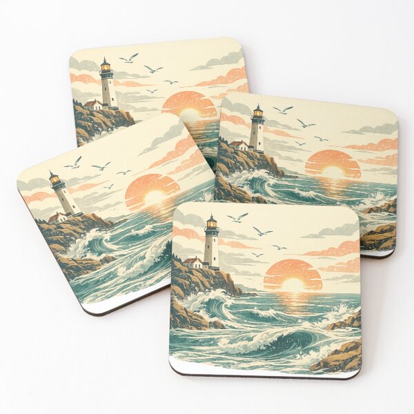 Item preview, Vintage Lighthouse Ocean Sunset Retro Coastal Landscape Illustration designed and sold by irfanshikh.