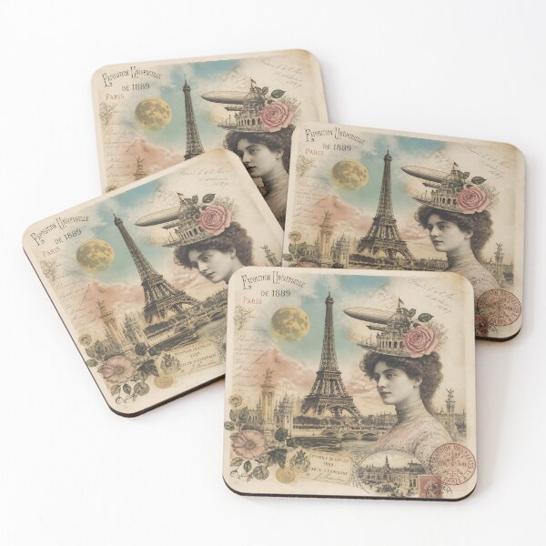 Item preview, Vintage Paris Exposition Universelle 1889 Collage With Eiffel Tower Woman And Retro Postage designed and sold by LisaMise.