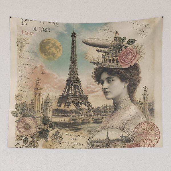Item preview, Vintage Paris Exposition Universelle 1889 Collage With Eiffel Tower Woman And Retro Postage designed and sold by LisaMise.
