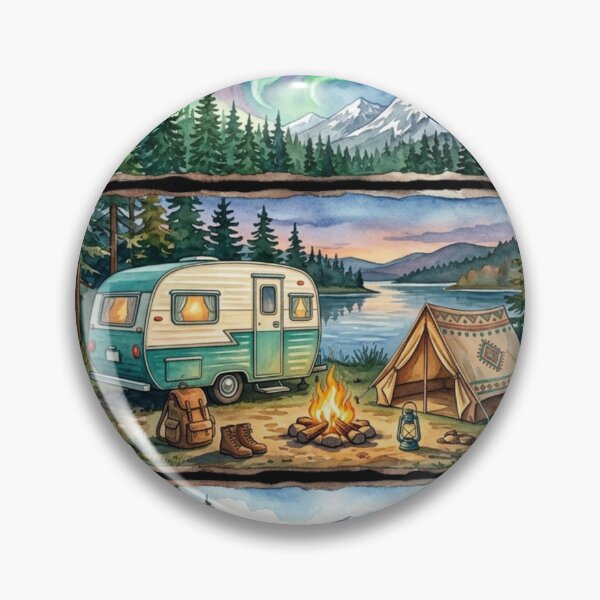 Item preview, Vintage Camping Adventure Watercolor Panels Retro Camper Tent Northern Lights designed and sold by PACS0011.