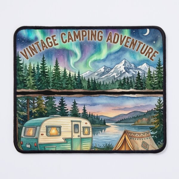 Item preview, Vintage Camping Adventure Watercolor Panels Retro Camper Tent Northern Lights designed and sold by PACS0011.