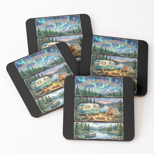 Item preview, Vintage Camping Adventure Watercolor Panels Retro Camper Tent Northern Lights designed and sold by PACS0011.