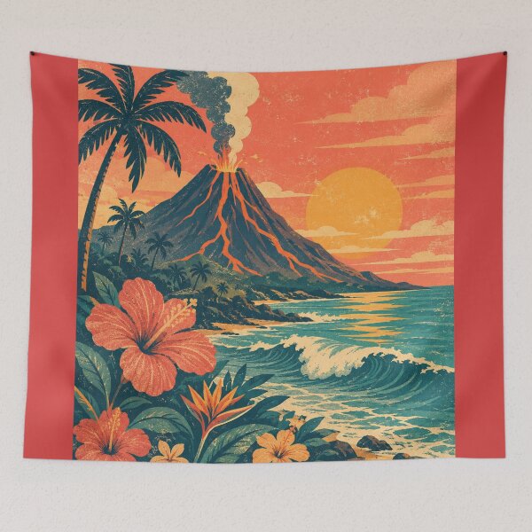 Item preview, Vintage Volcano Sunset | Tropical Island Hibiscus Retro Art designed and sold by irfanshikh.