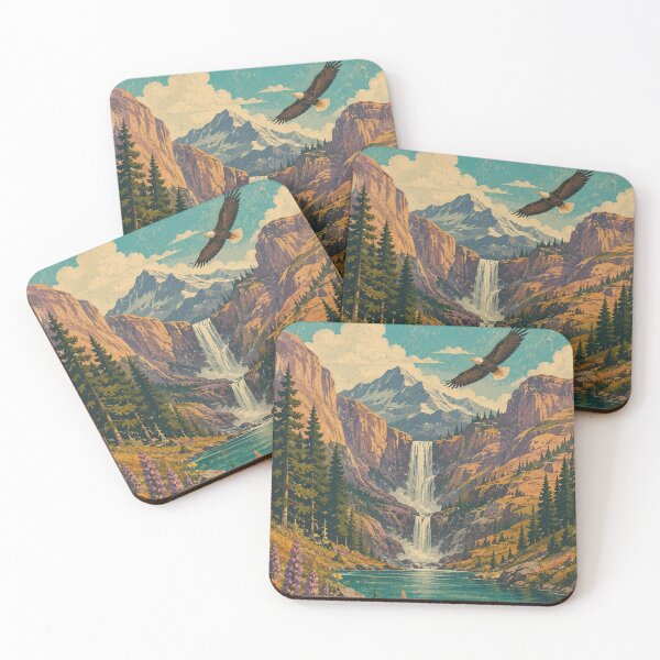 Item preview, Mountain Waterfall Eagle | Vintage National Park Landscape Wildflowers Art designed and sold by irfanshikh.
