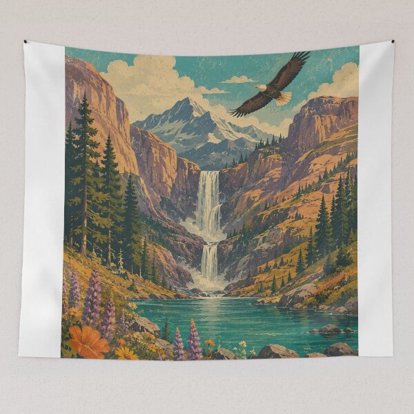 Item preview, Mountain Waterfall Eagle | Vintage National Park Landscape Wildflowers Art designed and sold by irfanshikh.